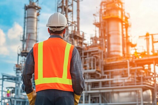 Construction worker observes oil refinery operations under bright sunset sky