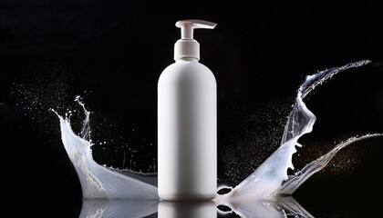 white bottle with dispenser for cosmetic products body and hair care on dark black background around milk splashes from below water