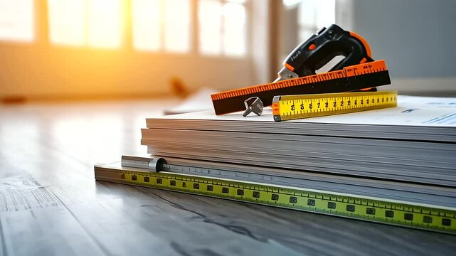 A close-up of drywall sheets neatly stacked, with construction tools like a measuring tape and level placed on top, symbolizing progress and precision