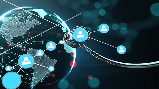 A concept of global healthcare with a stethoscope connected to a semi-transparent globe displaying holographic health network lines