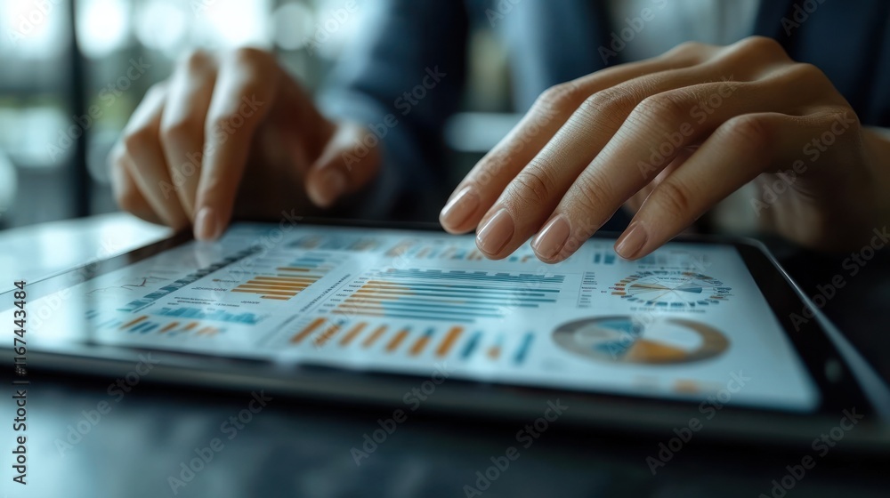 Poster hands interacting with tablet displaying data charts