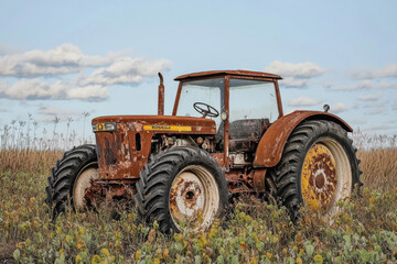 Obraz premium Rusted tractor abandoned in overgrown field