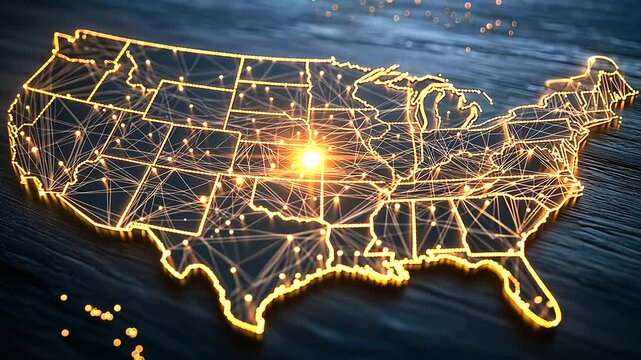 A creative visualization of the USA with interconnected glowing lights in industrial zones, emphasizing economic hubs and distribution lines across the country