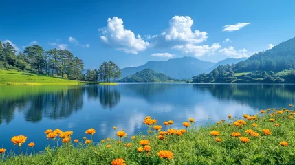 Selbstklebende Fototapeten Tranquil Lake Surrounded by Lush Greenery and Flowers © EwaStudio