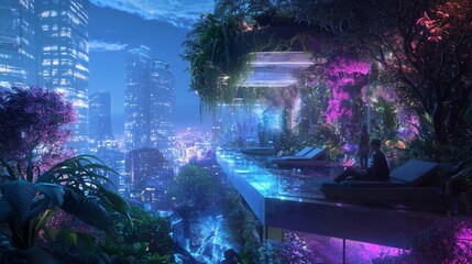 Obraz premium Cyberpunk Rooftop Garden Oasis: Serene Nature in a Futuristic Urban Jungle