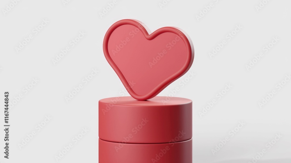 Poster a 3d rendered image of a red heart shape on a red cylindrical stand, symbolizing love and affection.