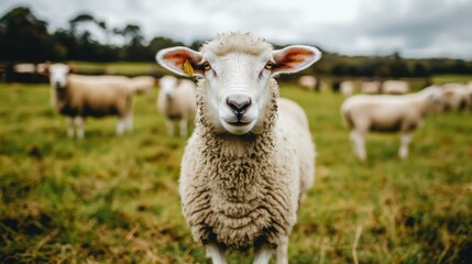 Sheep in Soft Light on a Farm with Industrial Background
