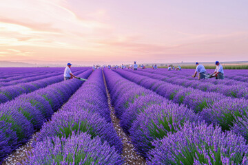 Fototapeta premium Lavender field with workers at sunrise