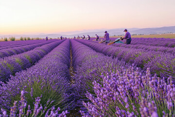Obraz premium Lavender field with workers at sunrise