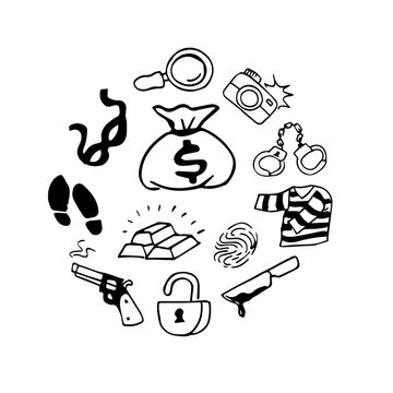 crime doodel set hand drawn sketch vector illustration