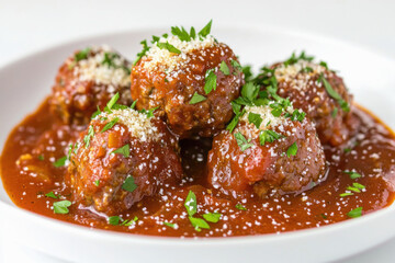 Meatballs in marinara with Parmesan garnish