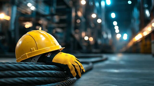 A dramatic lighting setup showcasing a yellow helmet and gloves resting on a coiled cable in a dimly lit power plant, highlighting the importance of safety