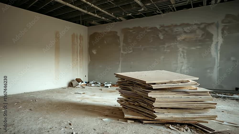 Poster A dusty stack of drywall sheets on a floor covered with construction debris, with visible scaffolding and an unfinished ceiling above