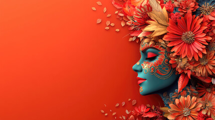 On Constitution Day in Mexico, a person showcases vibrant face paint and a stunning floral arrangement, reflecting cultural pride and artistry against a colorful backdrop