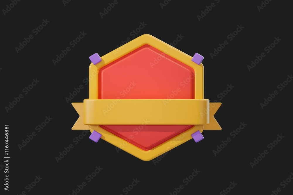 Aufkleber a 3d rendered hexagon-shaped badge with a yellow border and a red center, featuring a yellow banner.