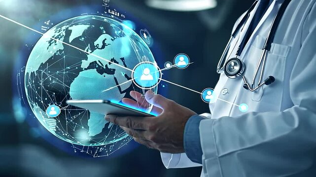 A global health concept with a stethoscope wrapped around a holographic earth, with a doctor in focus holding a digital tablet displaying health metrics