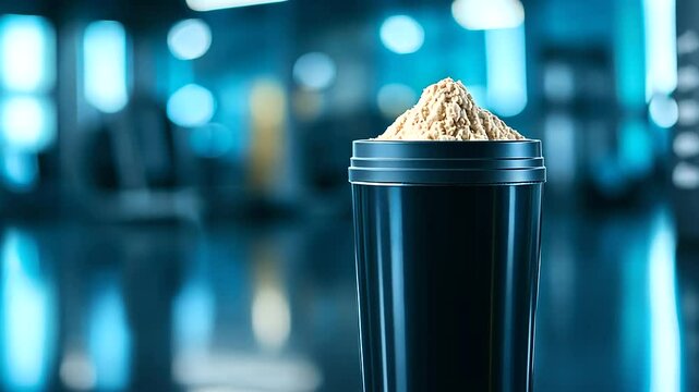 A glossy black shaker highlighted with a scoop of creamy protein powder on top, placed on a reflective surface with gym equipment blurred in the background