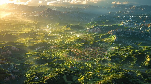 Urban sprawl encroaching on natural landscapes, depicting habitat destruction and loss of biodiversity