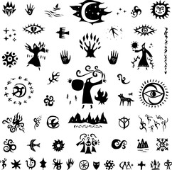 Magician fairy tale shaman character magic sign and symbol vector icon set, isolated graphic design elements