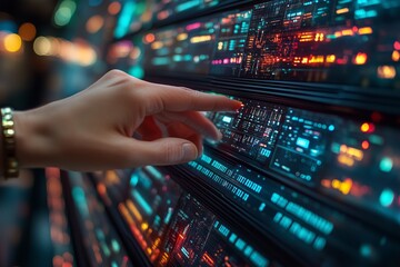 Futuristic digital file cabinet with holographic drawers and personal data selection in a clean and modern design