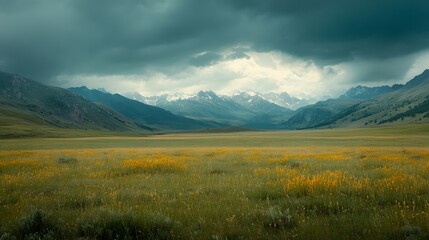 Scenic landscape with vibrant wildflowers under moody clouds.