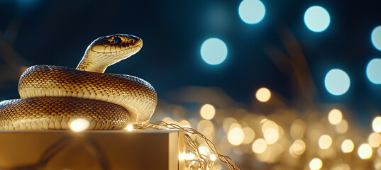 Obraz premium Snake on gift box with festive lights reptile background celebration