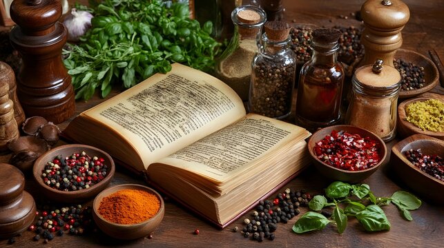 An open vintage cookbook surrounded by spices and herbs on a rustic wooden table.