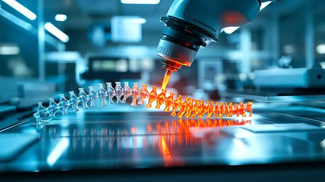A high-tech lab featuring a robotic arm carefully assembling segments of a D-printed spine with intricate bone structures illuminated under lab lights