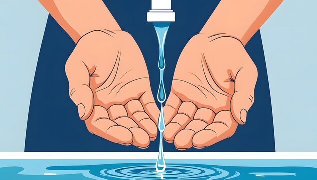 Illustration of hands reaching for water from a faucet promoting conservation awareness