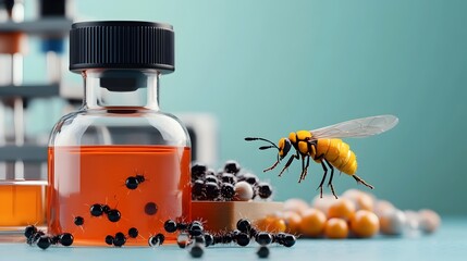Highly detailed scientific experiment on insect pheromone attractants captured in a vibrant flat design set in a sterile modernist laboratory environment
