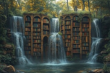 Fototapeta premium Floating library amidst roaring waterfalls shows nature's harmony with knowledge in a serene setting