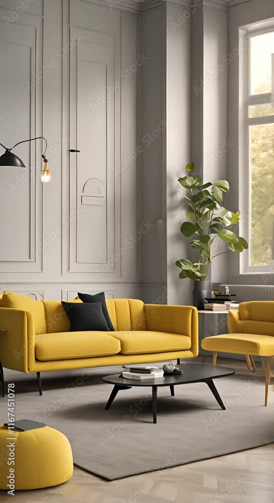 Wall mural Modern interior design of scandinavian apartment living room with yellow sofa sideboard and black armchair 3d animation rendering 4K vertical