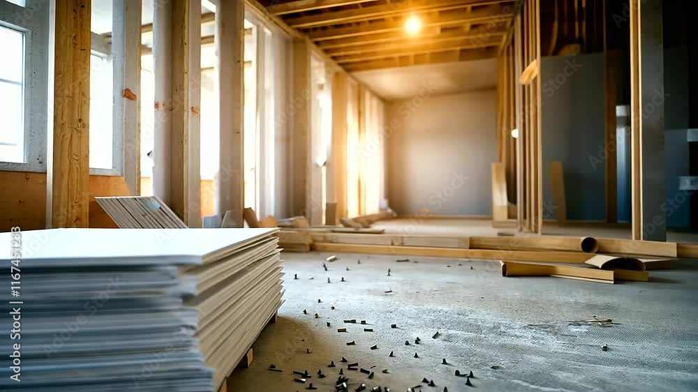 Poster a modern construction site with stacked drywall sheets centered in the frame, surrounded by framing 