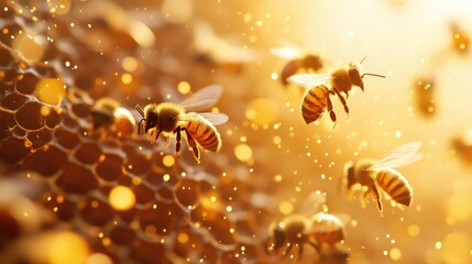 Fototapeta premium A close-up of bees working on honeycomb, capturing their intricate activity and environment.