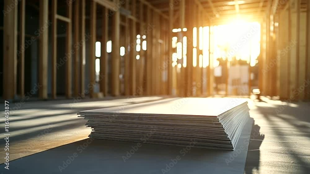 Poster a neat stack of drywall sheets positioned on a construction site, surrounded by wooden frames and sc
