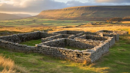 Fototapeta premium Ancient Stone Ruins in Rolling Hills at Sunset
