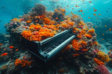 Sleek grand piano rests among vibrant coral reefs and colorful fish in a serene underwater landscape