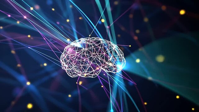 A neural-inspired geometric brain with a radiant color palette, surrounded by glowing connections, symbolizing the interconnected complexity of dyspraxia