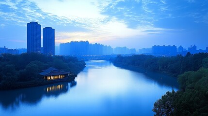 Fototapeta premium Cityscape at Dawn Over the River
