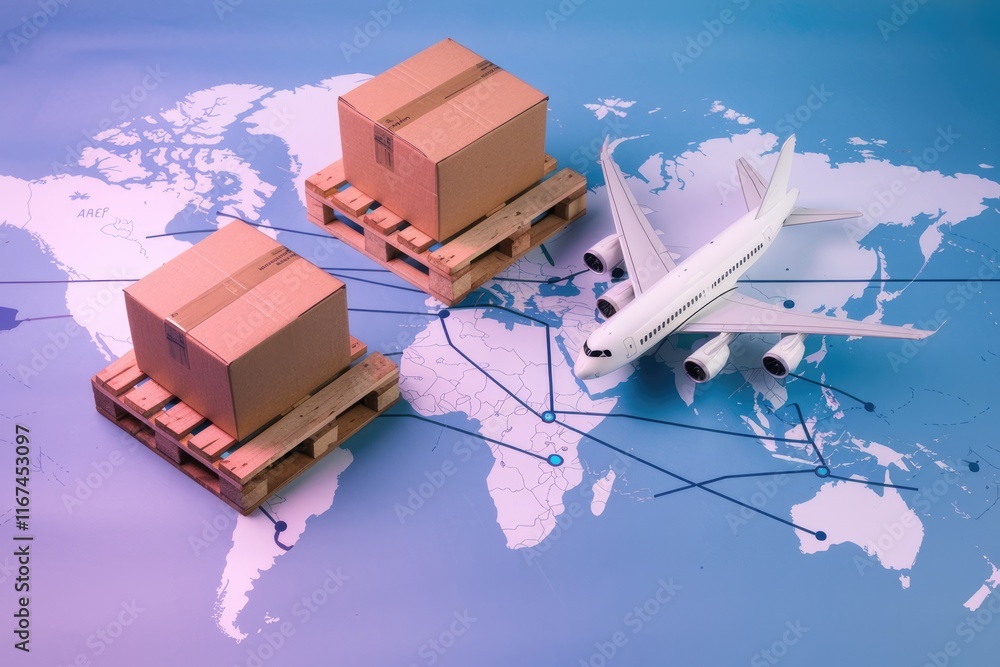 Poster global air freight shipping concept shown with cardboard boxes on pallets and an airplane on a world