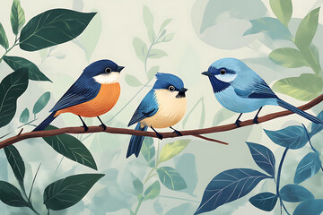 Three colorful birds perched on a branch among leaves, showcasing nature's beauty.