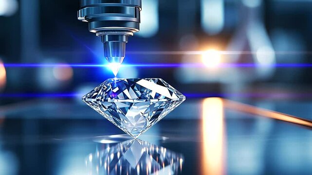 A robotic arm holding a synthetic diamond while a laser-guided cutter precisely shapes its facets, surrounded by a high-tech lab setting