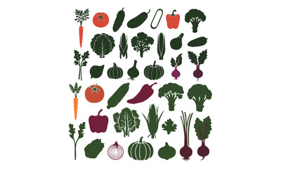Set of 32 Vegetable Illustrations, Carrots, Broccoli, Peppers, Tomatoes, and More