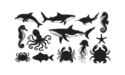 Marine Life Silhouette Collection: Ocean Creatures Vector Set