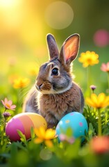 A rabbit lies next to colorful Easter eggs in a bright meadow filled with flowers and sunshine.