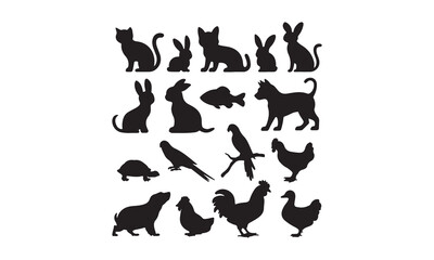 Set of 16 Animal Silhouettes, Cats, Rabbits, Birds, Roosters, and More