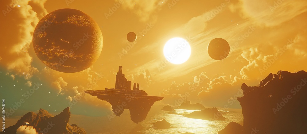 Aufkleber fantasy island floating in a surreal alien sky with multiple suns and planets.