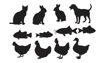 Domestic and Farm Animal Silhouettes: Vector Graphics Set