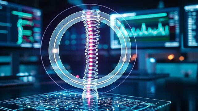 A vibrant composition of a complete D-printed spine model glowing faintly, surrounded by digital blueprints and molecular diagrams on nearby screens