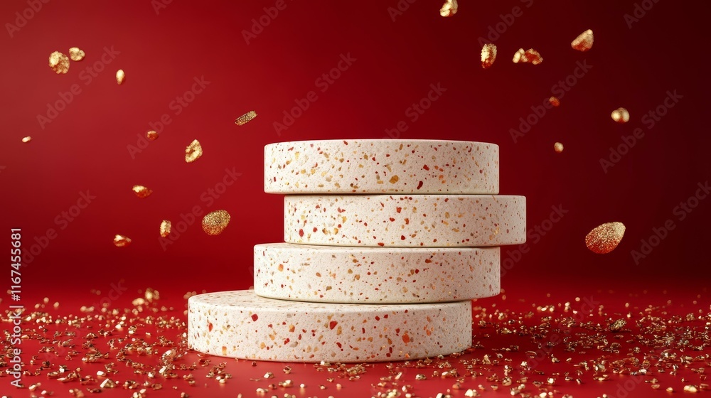 Poster stack of terrazzo circular display platforms with gold glitter